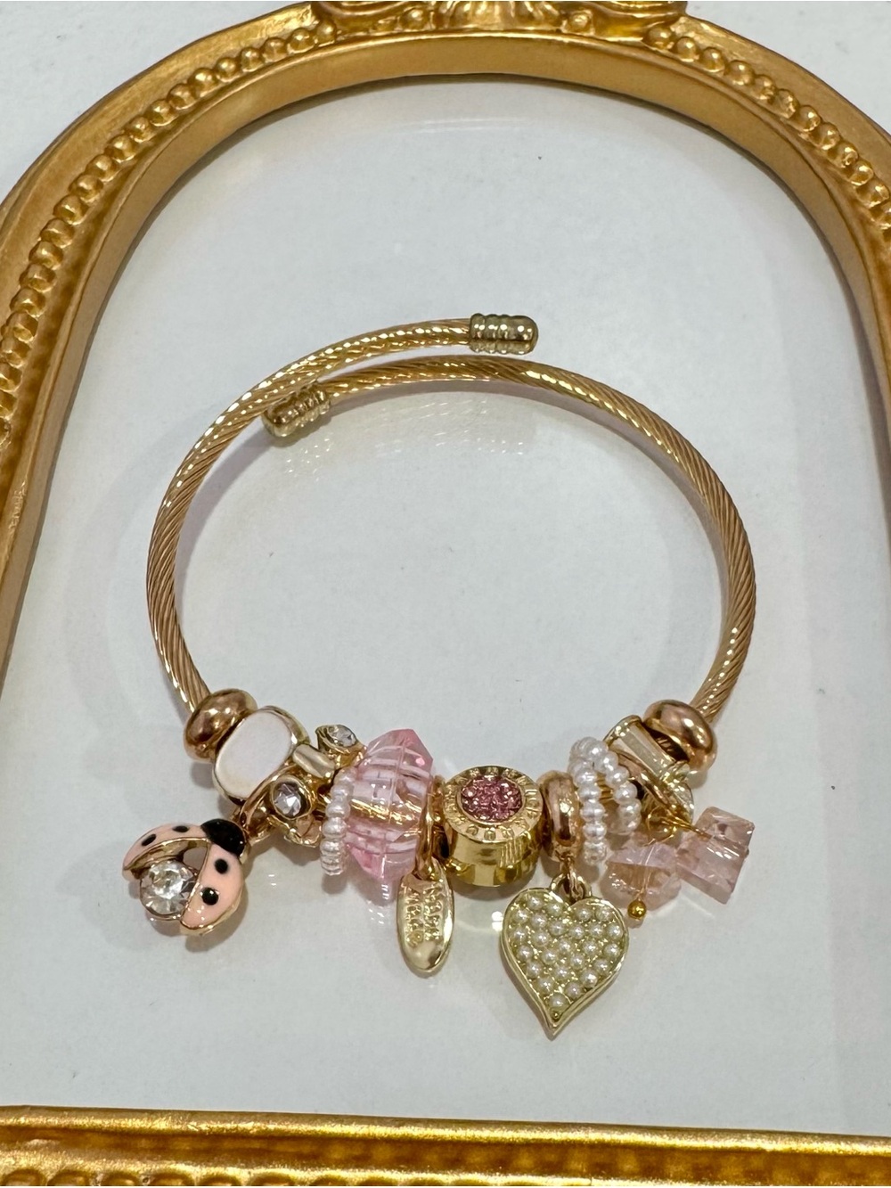New Gold Tone Stainless Steel w/ Gold & Pink Beads Charm Bracelet